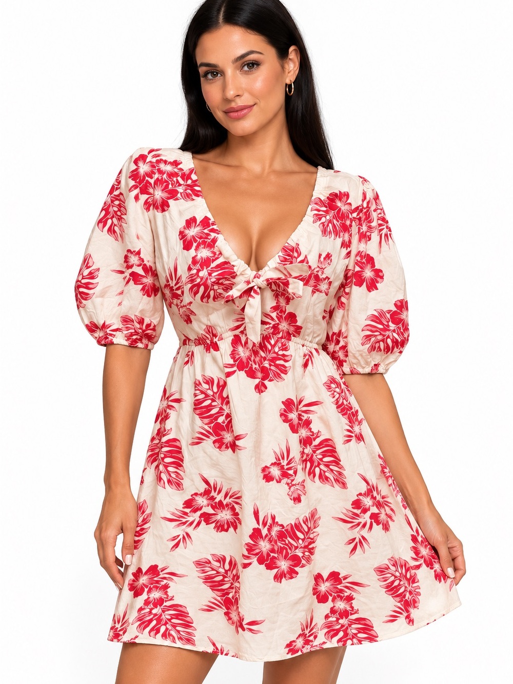 Floral Tie-Front Puff Sleeve Mini Dress in Cream & Red
